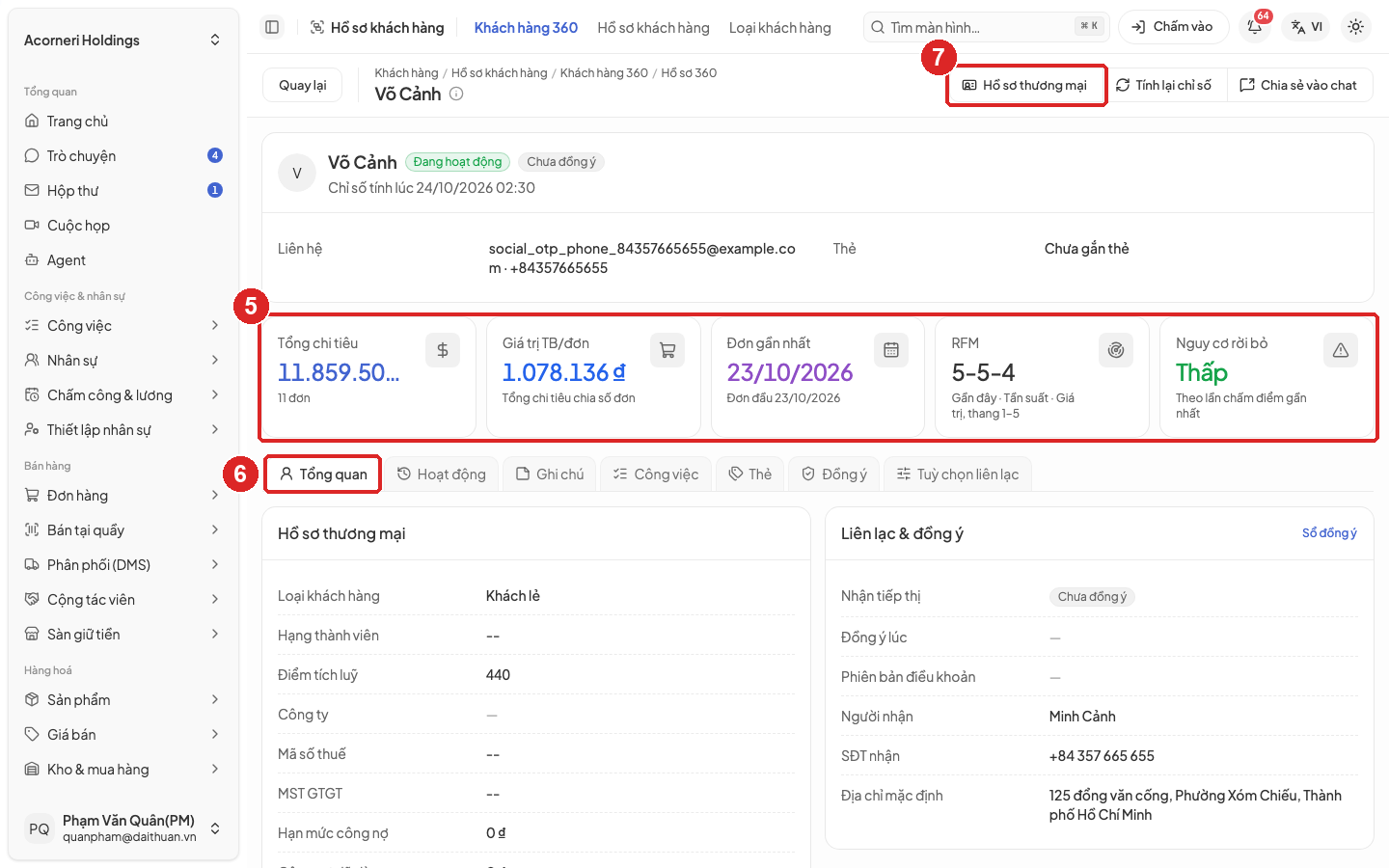 Hình 2. Hồ sơ 360 của một khách, tab Tổng quan