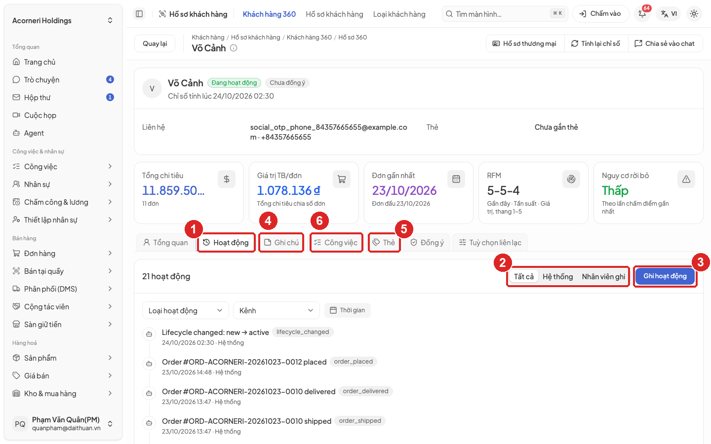 Hình 3. Tab Hoạt động trên hồ sơ 360