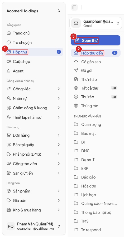 Hình 4. Cột thư mục của Hộp thư