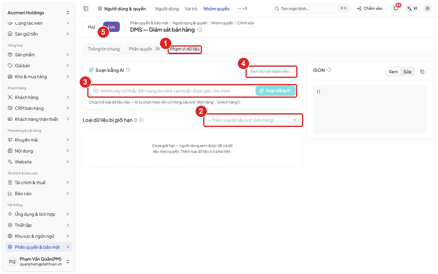 Hình 15. Tab Phạm vi dữ liệu của nhóm quyền