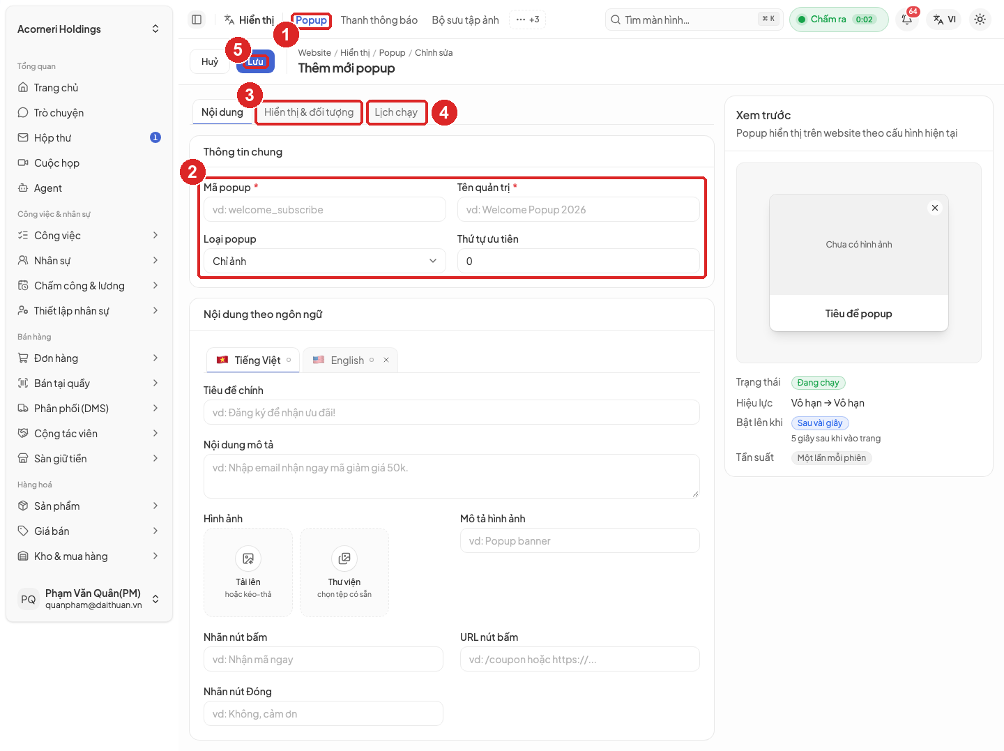 Hình 17. Màn thêm mới popup, tab Nội dung