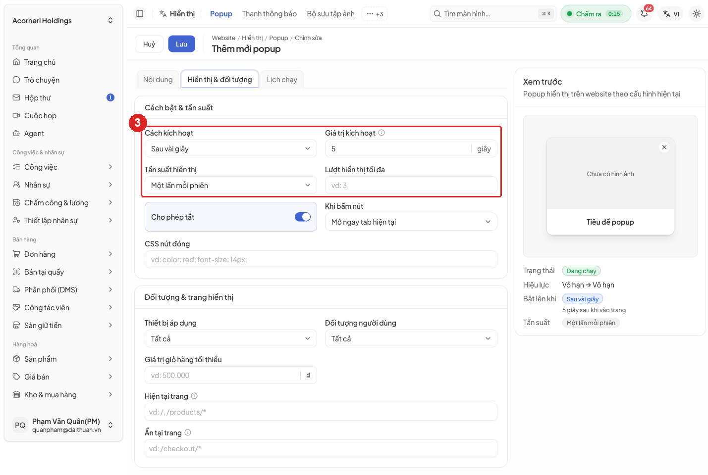 Hình 18. Tab Hiển thị và đối tượng của popup