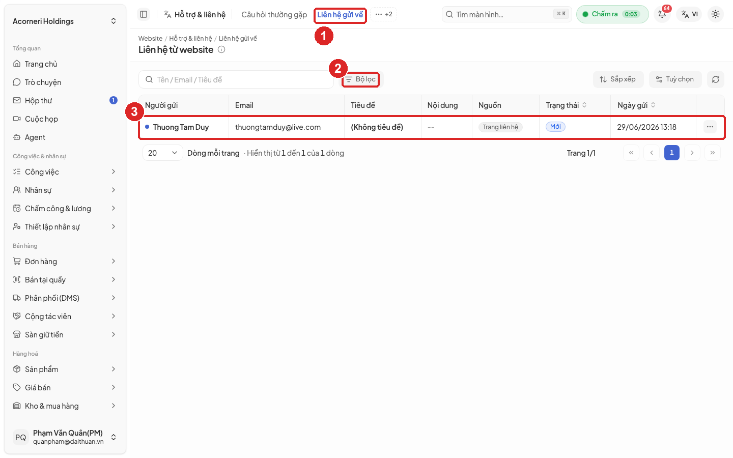 Hình 22. Màn liên hệ từ website