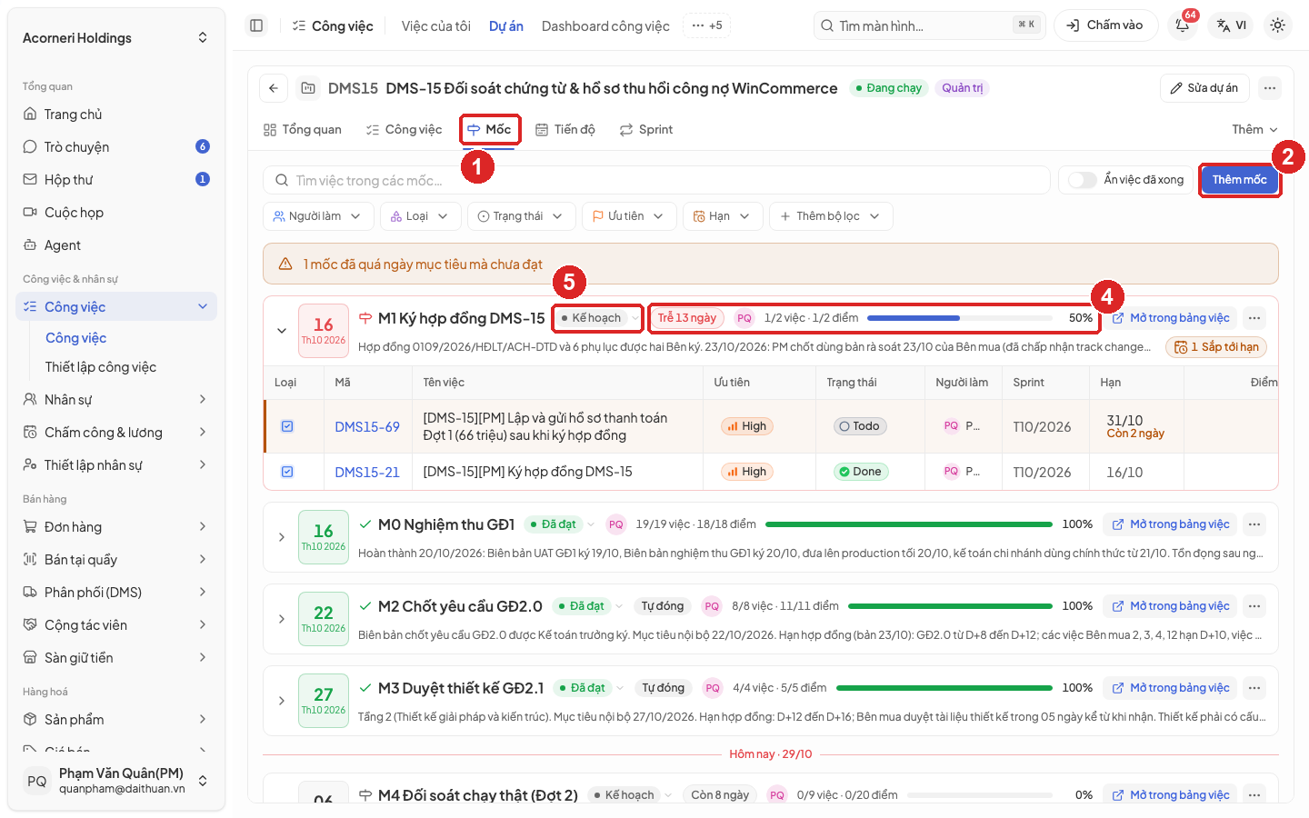 Hình 23. Thẻ Mốc của dự án